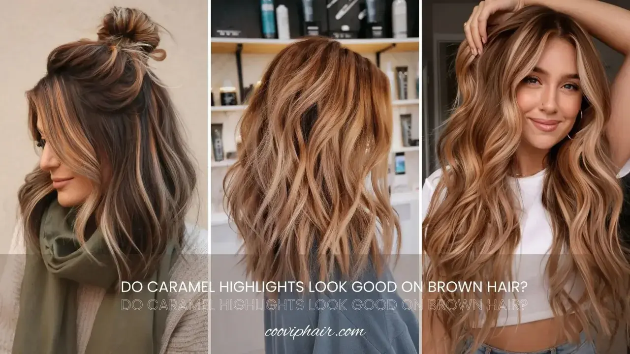Tres mujeres con cabello castaño y reflejos color caramelo claro. El color de pelo caramelo claro ilumina el cabello castaño, creando un look natural y radiante.